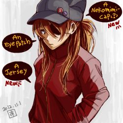 Rule 34 | 10s, 1girl, 2012, amelie, animal hat, badge, baseball cap, blue eyes, button badge, cat hat, dated, english text, evangelion: 3.0 you can (not) redo, eyepatch, hand in pocket, hat, jacket, lapel pin, long hair, neon genesis evangelion, orange hair, pin, rebuild of evangelion, solo, souryuu asuka langley, track jacket