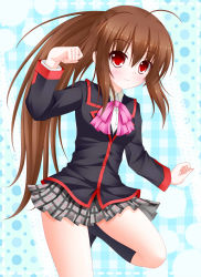 Rule 34 | 1girl, bad id, bad pixiv id, bow, brown hair, highres, little busters!, long hair, natsume rin, pink bow, ponytail, red eyes, school uniform, shocchan (sanymph)