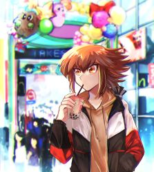 Rule 34 | 1boy, black jacket, brown eyes, brown hair, brown sweater, drinking, drinking straw, duel academy uniform (yu-gi-oh! gx), hair between eyes, hand in pocket, hood, hood down, hooded sweater, jacket, kuriboh, long sleeves, male focus, multicolored hair, open clothes, open jacket, outdoors, sk816, solo focus, sweater, two-tone hair, yu-gi-oh!, yu-gi-oh! gx, yuki judai