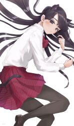 Rule 34 | 1girl, animal ears, black eyes, black hair, black pantyhose, blush, bow, bowtie, brown footwear, cat ears, cat girl, cat tail, closed mouth, ebi 0217, foot out of frame, highres, komi-san wa komyushou desu, komi shouko, loafers, long hair, long sleeves, looking at viewer, lying, on side, pantyhose, pleated skirt, red bow, red bowtie, red skirt, school uniform, shirt, shoes, simple background, skirt, solo, striped bow, striped bowtie, striped clothes, striped skirt, tail, white background, white shirt