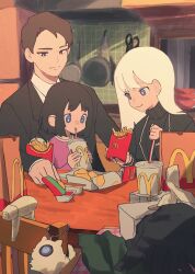 Rule 34 | 1boy, 2girls, absurdres, angelica (project moon), argalia (project moon), bag, black eyes, black gloves, black hair, black jacket, black sweater, blue eyes, bottle, chair, chicken nuggets, collared shirt, commentary request, cup, disposable cup, drinking straw, eating, father and daughter, food, formal, french fries, frying pan, gloves, highres, jacket, jewelry, charm (object), kitchen, library of ruina, long hair, mcdonald&#039;s, mother and daughter, multiple girls, necklace, paper bag, pink shirt, pmchell 04, project moon, roland (project moon), sauce, shirt, short hair, spray bottle, suit, sweater, tissue box, turtleneck, turtleneck sweater, white hair, white shirt, yoru mac