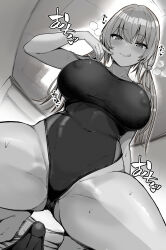 Rule 34 | 1boy, 1girl, :q, absurdres, breasts, bulge, closed mouth, commentary request, competition swimsuit, covered navel, erection, erection under clothes, from below, highres, kihou no gotoku dmc, large breasts, looking at viewer, looking down, monochrome, one-piece swimsuit, original, pov, smile, solo focus, squatting, swimsuit, thighs, tongue, tongue out, twintails