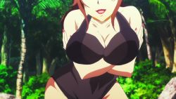 Rule 34 | 1girl, animated, arms under breasts, bouncing breasts, breasts, breasts squeezed together, curvy, day, forest, highres, kashiwagi noriko, large breasts, mature female, nature, one-piece swimsuit, persona, persona 3 the movie, persona 4, seductive smile, smile, solo, swimsuit, video, wide hips