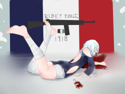Rule 34 | 1girl, ass, assault rifle, automatic rifle, backless dress, backless outfit, bandaged foot, bandaged leg, bandages, barefoot, blood, blood bag, blue dress, blue eyes, character name, choumi wuti (xueye fanmang zhong), closed eyes, clothing cutout, dress, feet, french flag, full body, girls&#039; frontline, gun, hair between eyes, highres, intravenous drip, legs up, long hair, lying, no shoes, hugging object, on stomach, pillow, pillow hug, ribeyrolles (girls&#039; frontline), ribeyrolles 1918, rifle, short dress, shoulder cutout, side cutout, silver hair, soles, solo, tassel, the pose, thighs, toes, very long hair, wavy hair, weapon, wide sleeves