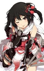 Rule 34 | 10s, 1girl, ;p, black hair, brown eyes, elbow gloves, gloves, kantai collection, looking at viewer, ogipote, one eye closed, scarf, sendai (kancolle), sendai kai ni (kancolle), short hair, solo, tongue, tongue out, torpedo, two side up