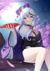 Rule 34 | 1girl, black bow, black collar, blue hair, blurry, blurry foreground, bow, breasts, cleavage, collar, cup, fang, hair between eyes, hair tubes, head tilt, highres, holding, holding cup, horns, huge bow, japanese clothes, kimono, mole, mole under mouth, moon, nichijo, night, night sky, nijisanji, obi, oni, open hand, petals, pointy ears, purple eyes, purple kimono, rindou mikoto, sakazuki, sash, short kimono, sitting, skin-covered horns, sky, smile, solo, thighs, virtual youtuber