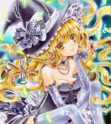 Rule 34 | 1girl, at classics, bare shoulders, blonde hair, braid, breasts, bustier, candy, cleavage, detached sleeves, elbow gloves, female focus, fingerless gloves, food, gloves, hat, jewelry, kirisame marisa, lingerie, lollipop, marker (medium), medium breasts, necklace, sample watermark, solo, thighhighs, touhou, traditional media, underwear, watermark, white thighhighs, witch hat, yellow eyes