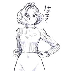 Rule 34 | 1girl, adjusting clothes, bottomless, carina (xiaowoo), cropped sweater, highres, kishi mieko, long sleeves, looking at viewer, monochrome, navel, onna shunin kishi mieko, out-of-frame censoring, short hair, sketch, solo, standing, striped clothes, striped sweater, sweater