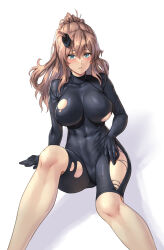 Rule 34 | 1girl, aqua eyes, blush, bodystocking, breasts, brown hair, commentary request, covered navel, feet out of frame, hair ornament, highres, kantai collection, kokuzou, large breasts, long hair, looking at viewer, parted lips, ponytail, saratoga (kancolle), shadow, sitting, solo, thighs, torn bodystocking, torn clothes, white background