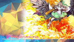 Rule 34 | 1girl, arm cannon, armor, armored boots, bird wings, black hair, black wings, blush, boots, bow, breasts, character name, closed mouth, dress shirt, explosion, feathered wings, fire, frilled shirt, frilled shirt collar, frilled skirt, frills, full body, green bow, green skirt, hair bow, highres, large breasts, long hair, puffy short sleeves, puffy sleeves, red eyes, reiuji utsuho, shirt, short sleeves, skirt, solo, third eye, touhou, umigarasu (kitsune1963), weapon, white shirt, wings