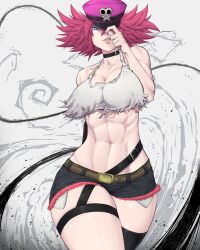 Rule 34 | 1girl, abs, belt, belt buckle, breasts, buckle, capcom, cleavage, crop top, final fight, hat, limn044, muscular, muscular female, pink hair, poison (final fight), short hair, shorts, solo, street fighter, street fighter v, thighs, torn clothes
