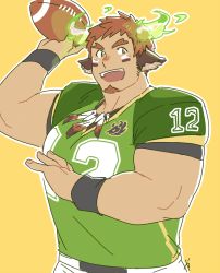Rule 34 | 1boy, :d, american football, american football (object), american football uniform, animal ears, ball, bara, blush, brown eyes, brown hair, cow boy, cow ears, cow horns, dark-skinned male, dark skin, facial hair, feather necklace, fiery horns, forked eyebrows, glowing horns, goatee, green shirt, holding, holding ball, horns, kaniharu, large pectorals, male focus, muscular, muscular male, open mouth, pectorals, shirt, short hair, short sleeves, shorts, sideburns, smile, solo, sportswear, thick eyebrows, tight clothes, tight shirt, tokyo houkago summoners, upper body, wakan tanka, white shorts