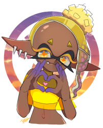 Rule 34 | 1girl, artist name, asymmetrical hair, blonde hair, closed mouth, colored skin, commentary request, crop top, cropped torso, cross-shaped pupils, dark-skinned female, dark skin, earrings, eyelashes, fang, fang out, food, food-themed hair ornament, forehead, frye (splatoon), gradient hair, hair ornament, hands up, heart, heart hands, inkling, isamu-ki (yuuki), jewelry, long hair, looking at viewer, multicolored hair, multicolored skin, multiple earrings, navel, nintendo, pointy ears, purple hair, purple skin, shawl, shirt, short eyebrows, signature, simple background, sleeveless, sleeveless shirt, sleeveless turtleneck, smile, solo, splatoon (series), splatoon 3, stomach, symbol-shaped pupils, tempura, tentacle hair, turtleneck, upper body, white background, yellow eyes, yellow shawl, yellow shirt