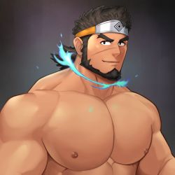 Rule 34 | 1boy, absurdres, bara, beard, blue fire, character request, completely nude, dark-skinned male, dark skin, facial hair, facial scar, fire, forehead protector, forked eyebrows, highres, large pectorals, male focus, mature male, mikicat, muscular, muscular male, ninja, nipples, nude, pectorals, sandayu (housamo), scar, scar on cheek, scar on face, scar on nose, short hair, smile, solo, thick eyebrows, tokyo houkago summoners, upper body