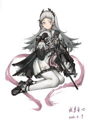 Rule 34 | 1girl, absurdres, ammunition belt, arknights, black dress, black footwear, black gloves, dated, dress, earrings, full body, gloves, grey eyes, grey hair, gun, handgun, head wings, highres, holding, holding sword, holding weapon, hui meng ben xin, irene (arknights), jewelry, kneeling, long hair, long sleeves, looking at viewer, multicolored clothes, multicolored dress, pantyhose, pink dress, red pupils, scabbard, scar, scar across eye, sheath, simple background, sketch, smile, solo, split mouth, sword, weapon, white background, white dress, white pantyhose, wings