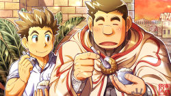 Rule 34 | 2boys, absurdres, bangle, bara, blush, bracelet, brick wall, brown eyes, brown hair, bunta ru, cloak, commentary request, covered abs, closed eyes, food, hand tattoo, highres, ice cream, jewelry, long sideburns, looking at another, male focus, mole, mountainous horizon, multiple boys, muscular, muscular male, open mouth, outline, plant, protagonist (f-kare), short hair, shoukan yuusha to f-kei kareshi, sideburns, smile, soft serve, sol (f-kare), spiked hair, spoon, sunset, tattoo, thick eyebrows, white outline