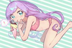 Rule 34 | !, 1girl, :t, ahoge, aqua background, aqua eyes, armpit crease, bare arms, bare legs, bare shoulders, barefoot, bikini, blush, breasts, chocolate, close-up, collarbone, commentary request, crepe, dutch angle, eating, female focus, food, food on face, food wrapper, from side, fruit, highres, holding, holding food, long hair, looking away, looking to the side, manaka laala, midriff, multicolored background, nekono moni, pink bikini, pocky, pout, pretty series, pripara, purple hair, sideboob, sideways glance, small breasts, solo, speech bubble, spoken exclamation mark, stomach, strapless, strapless bikini, strawberry, striped, striped background, swimsuit, very long hair, white background