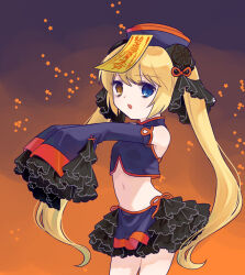 Rule 34 | 1girl, alternate costume, bare shoulders, blonde hair, blue eyes, breasts, commentary request, cowboy shot, cropped shirt, detached sleeves, double bun, empty eyes, eyeshadow, frilled skirt, frilled sleeves, frills, gradient background, hair between eyes, hair bun, hair ribbon, halloween, halloween costume, heterochromia, highres, jiangshi, long hair, looking at viewer, makeup, may salamanya, miniskirt, nakatsu shizuru, navel, open mouth, orange background, orange ribbon, outstretched arms, paper, purple background, purple shirt, rewrite, ribbon, shirt, simple background, skirt, sleeveless, sleeveless shirt, sleeves past fingers, sleeves past wrists, small breasts, solo, standing, star (symbol), straight hair, twintails, very long hair, wide sleeves, yellow eyes