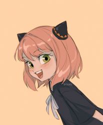 Rule 34 | 1girl, anya (spy x family), black dress, blush, child, dress, green eyes, hair between eyes, hairpods, highres, itslopezz, looking at viewer, medium hair, neck ribbon, open mouth, orange background, pink hair, portrait, ribbon, short sleeves, smile, solo, spy x family, teeth, upper body, upper teeth only, white ribbon