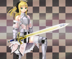 Rule 34 | 1girl, ahoge, armor, armored dress, artoria pendragon (fate), bare shoulders, blonde hair, caliburn (fate), capcom, dress, excalibur (fate/stay night), fate/stay night, fate/unlimited codes, fate (series), gauntlets, green eyes, hair ribbon, highres, long hair, ponytail, rasukaru, ribbon, saber (fate), saber lily, solo, sword, thighhighs, weapon