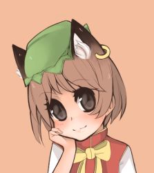 Rule 34 | 1girl, animal ears, brown hair, cat ears, cat girl, chen, dskn, earrings, female focus, hat, head rest, jewelry, lowres, non-web source, short hair, solo, touhou