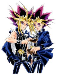 Rule 34 | 2boys, belt, black belt, black hair, black shirt, blonde hair, blue jacket, card, chain, closed mouth, commentary request, dyed bangs, highres, holding, holding card, jacket, long sleeves, male focus, millennium puzzle, multicolored hair, multiple boys, muto yugi, open mouth, pants, school uniform, shirt, smile, soya (sys ygo), spiked hair, tongue, yami yugi, yu-gi-oh!