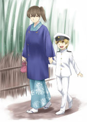 Rule 34 | 10s, 1boy, 1girl, age difference, brown hair, holding hands, ishii hisao, japanese clothes, kaga (kancolle), kantai collection, kimono, little boy admiral (kancolle), long hair, military, military uniform, short hair, uniform