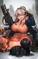 Rule 34 | 1girl, assault rifle, black-framed eyewear, black gloves, black thighhighs, breasts, curvy, glasses, gloves, gun, harusame-r, huge breasts, kneeling, one eye closed, open mouth, original, purple hair, red eyes, rifle, skirt, smile, solo, thick thighs, thighhighs, thighs, weapon