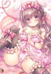 Rule 34 | 1girl, animal ears, arm between breasts, babydoll, bare shoulders, between breasts, black thighhighs, blush, bow, bow panties, braid, breasts, brown eyes, brown hair, cameltoe, cleavage, closed mouth, collarbone, feet out of frame, frilled pillow, frilled thighhighs, frills, groin, hair between eyes, hair bow, hands up, heart, heart-shaped pillow, kouta., long hair, looking at viewer, medium breasts, original, panties, pillow, pink bow, pink panties, rabbit ears, rabbit girl, rabbit tail, red bow, see-through, smile, solo, tail, thighhighs, underwear, underwear only, very long hair