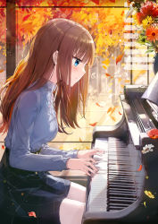Rule 34 | 1girl, autumn, autumn leaves, black skirt, blue eyes, blue shirt, blush, bolo tie, breasts, brown hair, buttons, collared shirt, commentary request, falling leaves, falling petals, flower, fuumi (radial engine), high-waist skirt, indoors, instrument, leaf, leaning forward, light, light particles, long hair, long sleeves, medium breasts, music, original, petals, piano, playing instrument, playing piano, profile, sheet music, shirt, sitting, skirt, smile, solo, striped legwear, transparent, tree, vase, window, window shadow, window shutter