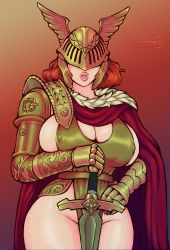 Rule 34 | 1girl, absurdres, breasts, cape, cleavage, covered erect nipples, cowboy shot, dress, elden ring, facing viewer, ferrousred, gradient background, green dress, helmet, highres, holding, holding sword, holding weapon, huge breasts, malenia blade of miquella, mechanical arms, parted lips, pelvic curtain, prosthesis, prosthetic arm, puffy lips, red background, red cape, red hair, sash, single mechanical arm, solo, standing, sword, twitter username, weapon, winged helmet