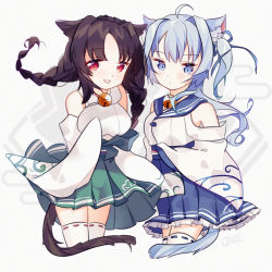 Rule 34 | 2girls, animal ears, asashio (azur lane), azur lane, bare shoulders, bell, blue eyes, blue hair, blue ribbon, blue skirt, braid, breasts, brown hair, cake (isiofb), cat ears, cat girl, cat tail, commentary request, detached sleeves, frilled skirt, frills, green skirt, grey background, hair ribbon, highres, japanese clothes, jingle bell, kimono, long sleeves, low twintails, medium breasts, multiple girls, ooshio (azur lane), parted bangs, pleated skirt, red eyes, ribbon, ribbon-trimmed legwear, ribbon trim, skirt, sleeves past fingers, sleeves past wrists, tail, twin braids, twintails, white kimono, white legwear, wide sleeves
