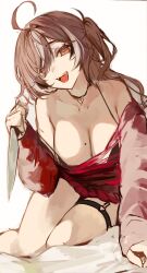 Rule 34 | 1girl, :d, absurdres, ahoge, alternate breast size, alternate costume, bare legs, breasts, brown eyes, brown hair, cleavage, highres, hololive, hololive english, knife, large breasts, mole, mole on breast, multicolored hair, nanashi mumei, naokomama, one side up, open mouth, simple background, smile, solo, streaked hair, thigh strap, virtual youtuber, white background, white hair