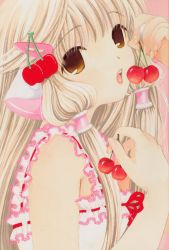 Rule 34 | 00s, 1girl, barette, blonde hair, brown eyes, cherry, chii, chobits, clamp, dress, food, food-themed clothes, food-themed hair ornament, fruit, hair ornament, highres, holding, holding food, holding fruit, lips, long hair, open mouth, orange eyes, ribbon-trimmed dress, robot ears, solo