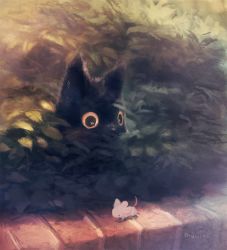 Rule 34 | black cat, bush, cat, commentary, hiding, manino (mofuritaionaka), mouse (animal), no humans, original, outdoors, signature, wide-eyed