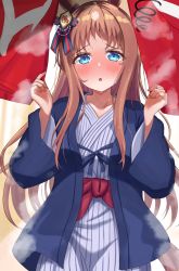 Rule 34 | 1girl, after bathing, animal ears, bath yukata, blue eyes, blush, brown hair, commentary request, crouching start, dizzy, grass wonder (umamusume), hands up, highres, horse ears, horse girl, horse tail, japanese clothes, kimono, long hair, long sleeves, looking at viewer, open mouth, raised eyebrows, sash, solo, steam, tail, umamusume, wet, yukata