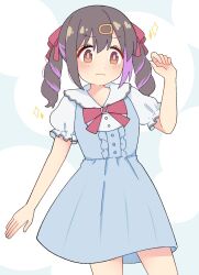 Rule 34 | 1girl, bare arms, black hair, blue dress, blush, brown eyes, center frills, commentary, dress, frills, frown, hair between eyes, hair ornament, hair ribbon, hairclip, highres, multicolored hair, onii-chan wa oshimai!, oyama mihari, puffy short sleeves, puffy sleeves, purple hair, red ribbon, ribbon, short sleeves, simple background, solo, sparkle, twintails, two-tone hair, wow 357