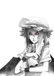 Rule 34 | 1girl, black sclera, colored sclera, female focus, greyscale, hane (azelye), monochrome, red eyes, remilia scarlet, skull, solo, spot color, touhou, traditional media