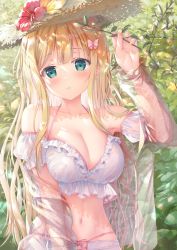 Rule 34 | 1girl, arm at side, artist name, bare shoulders, bikini, blonde hair, blunt bangs, blush, bow, branch, breasts, bush, cleavage, collarbone, commentary request, day, detached sleeves, eyelashes, fingernails, flower, frilled bikini, frills, green eyes, hair bow, halterneck, hand up, hat, hat flower, hibiscus, highres, inagaki minami, large breasts, leaf, long fingernails, long hair, long sleeves, looking at viewer, navel, original, outdoors, parted lips, pink bow, red flower, sidelocks, solo, sousouman, stomach, straw hat, sun hat, sweat, swimsuit, very long hair, white bikini, yellow flower
