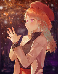 Rule 34 | 1girl, absurdres, alternate costume, beret, casual, hat, highres, hololive, hololive english, looking ahead, misu (miisuuu), open mouth, orange hair, own hands together, red hat, ribbed sweater, solo, sweater, takanashi kiara, virtual youtuber, watch, wristwatch