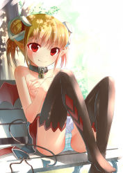 Rule 34 | 1girl, bdsm, bench, black thighhighs, blonde hair, blush, breasts, cameltoe, collar, covering breasts, covering privates, demon girl, demon tail, demon wings, double bun, fang, hair bun, horns, kakuno, lock, looking at viewer, no shoes, original, panties, pointy ears, red eyes, shelly (kakuno), short hair, short twintails, sidelocks, sitting, slave, small breasts, smile, solo, striped clothes, striped panties, tail, thighhighs, topless, tree shade, twintails, underwear, unworn bikini top, wings