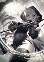 1girl, absurdres, arknights, black gloves, black legwear, black shirt, cowboy shot, detached sleeves, dutch angle, flower, from below, gloves, goggles, goggles around neck, grey hair, highres, holding, holding staff, hood, hood up, looking at viewer, multicolored hair, outdoors, pointy ears, shirt, short hair, solo, staff, streaked hair, thighhighs, thighs, tomimi (arknights), torn clothes, torn legwear, tree, twitter username, white flower, yellow eyes, youyouyou 1211