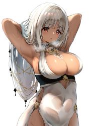 Rule 34 | 1girl, absurdres, areola slip, armpits, arms behind head, arms up, azur lane, bare shoulders, blush, body markings, breasts, center opening, cleavage, covered navel, dark skin, dress, evening gown, facial mark, forehead mark, halter dress, halterneck, highres, jewelry, large breasts, long hair, looking at viewer, massachusetts (azur lane), massachusetts (dressed to impress) (azur lane), native american, natsuichi-sama, necklace, nipples, orange eyes, pendant, revision, simple background, wet, wet clothes, white background, white dress, white hair