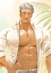 Rule 34 | 1boy, abs, alternate costume, bad id, bad twitter id, bara, collared shirt, dagon (housamo), facial hair, fins, grey hair, hair slicked back, hair strand, hinokumo f, jewelry, large pectorals, long sideburns, looking at viewer, male focus, muscular, navel, necklace, nude, open clothes, open shirt, pectoral cleavage, pectorals, red eyes, shirt, short hair, sideburns, solo, stubble, tokyo houkago summoners, upper body, white shirt