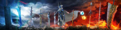Rule 34 | 1boy, absurdres, armor, buster sword, cape, cloud, cloudy sky, dissidia final fantasy, dissidia final fantasy nt, electricity, embers, energy ball, fake horns, final fantasy, final fantasy i, glowing, gunblade, helmet, highres, horned helmet, horns, huge weapon, lens flare, long image, looking at viewer, male focus, official art, planted, planted sword, planted weapon, rock, shield, silver hair, sky, solo, square enix, staff, sunlight, sword, warrior of light (ff1), weapon, wide image