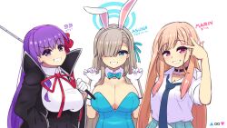 Rule 34 | 3girls, :d, absurdres, animal ear headwear, animal ears, asuna (blue archive), asuna (bunny) (blue archive), asymmetrical bangs, bare shoulders, bb (fate), bb (fate/extra), black coat, black necktie, blue archive, blue bow, blue eyes, blue leotard, blue skirt, blunt bangs, bow, bowtie, breast pocket, breasts, character name, coat, collarbone, collared shirt, commentary, crossover, detached collar, elbow gloves, english commentary, fake animal ears, fate/extra, fate/extra ccc, fate (series), gloves, grey hair, grin, hair between eyes, hair bow, hair ribbon, hairband, halo, highres, holding, holding stick, kitagawa marin, large breasts, leotard, light brown hair, long bangs, long hair, long sleeves, looking at viewer, mole, mole under eye, multiple crossover, multiple girls, nail polish, necktie, official alternate costume, one eye covered, open clothes, open coat, open mouth, parted bangs, pendant choker, pink nails, plaid, plaid skirt, playboy bunny, pleated skirt, pocket, purple eyes, purple hair, rabbit ears, red bow, red bowtie, ribbon, school uniform, shirt, sidelocks, simple background, skirt, sleeveless, sleeves rolled up, smile, sono bisque doll wa koi wo suru, stick, strapless, strapless leotard, synapseproperty, white background, white gloves, white shirt