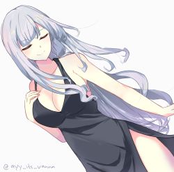 Rule 34 | 1girl, ak-12 (girls&#039; frontline), alternate costume, artist name, bare shoulders, black dress, breasts, cleavage, closed eyes, closed mouth, commentary, dress, girls&#039; frontline, highres, large breasts, long hair, silver hair, simple background, sleeveless, sleeveless dress, smile, solo, twitter username, vanna, very long hair, white background