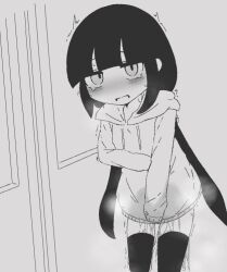 Rule 34 | 1girl, blunt bangs, blush, bottomless, breath, door, drawstring, embarrassed, female focus, flat chest, greyscale, half-closed eyes, hood, hood down, hooded sweater, jaggy lines, lag train (vocaloid), long hair, long sleeves, looking at viewer, monochrome, nose blush, open mouth, osage (nukunuku nigirimeshi), pee, peeing, peeing self, sidelocks, sleeves past fingers, sleeves past wrists, solo, steam, sweater, tears, tebasaki (877877ice), thighhighs, trembling, twintails, vocaloid, wet, wet clothes