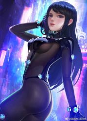 Rule 34 | 1girl, abstract background, arm at side, ass, black hair, bodysuit, breasts, brown eyes, chunhwei lee, cowboy shot, eyelashes, gantz, gantz suit, glowing, hand in own hair, highres, large breasts, long hair, looking at viewer, open mouth, pink lips, purple background, ruffling hair, shimohira reika, shiny clothes, skin tight, smile, solo, teeth, upper teeth only