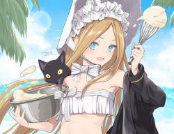 Rule 34 | 1girl, abigail williams (fate), abigail williams (swimsuit foreigner) (fate), abigail williams (swimsuit foreigner) (third ascension) (fate), bare shoulders, batter, beach, bikini, black cat, black jacket, blonde hair, blue eyes, blue sky, blush, bonnet, bow, bowl, braid, breasts, cat, day, fate/grand order, fate (series), forehead, hair bow, hair rings, jacket, long hair, looking at viewer, miniskirt, navel, ocean, off shoulder, open clothes, open jacket, open mouth, palm tree, parted bangs, sidelocks, skirt, sky, small breasts, smile, swimsuit, tree, twin braids, twintails, tyone, very long hair, whisk, white bikini, white bow, white headwear